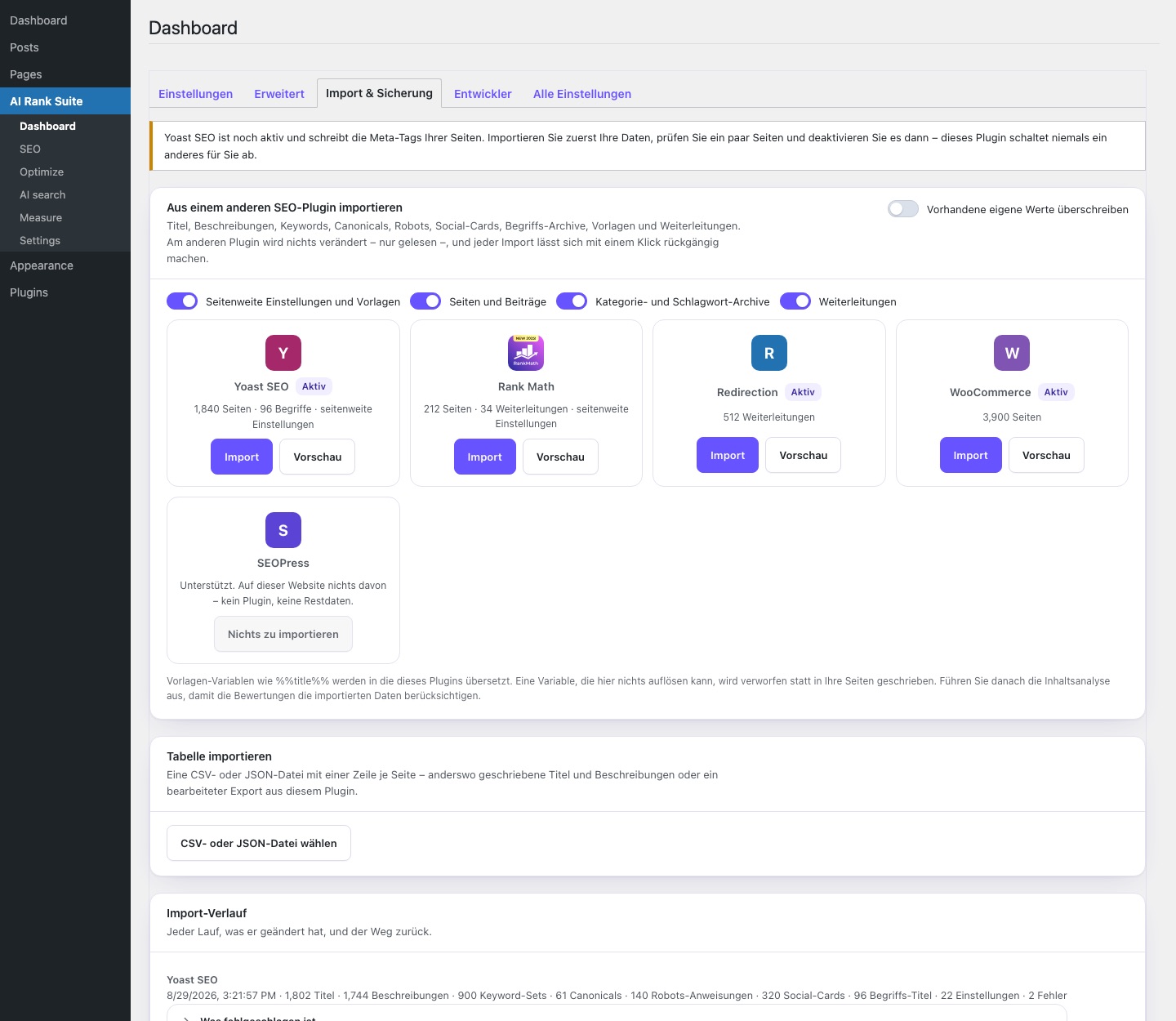 Import aus 14 SEO-Plugins — nur lesend, umkehrbar
