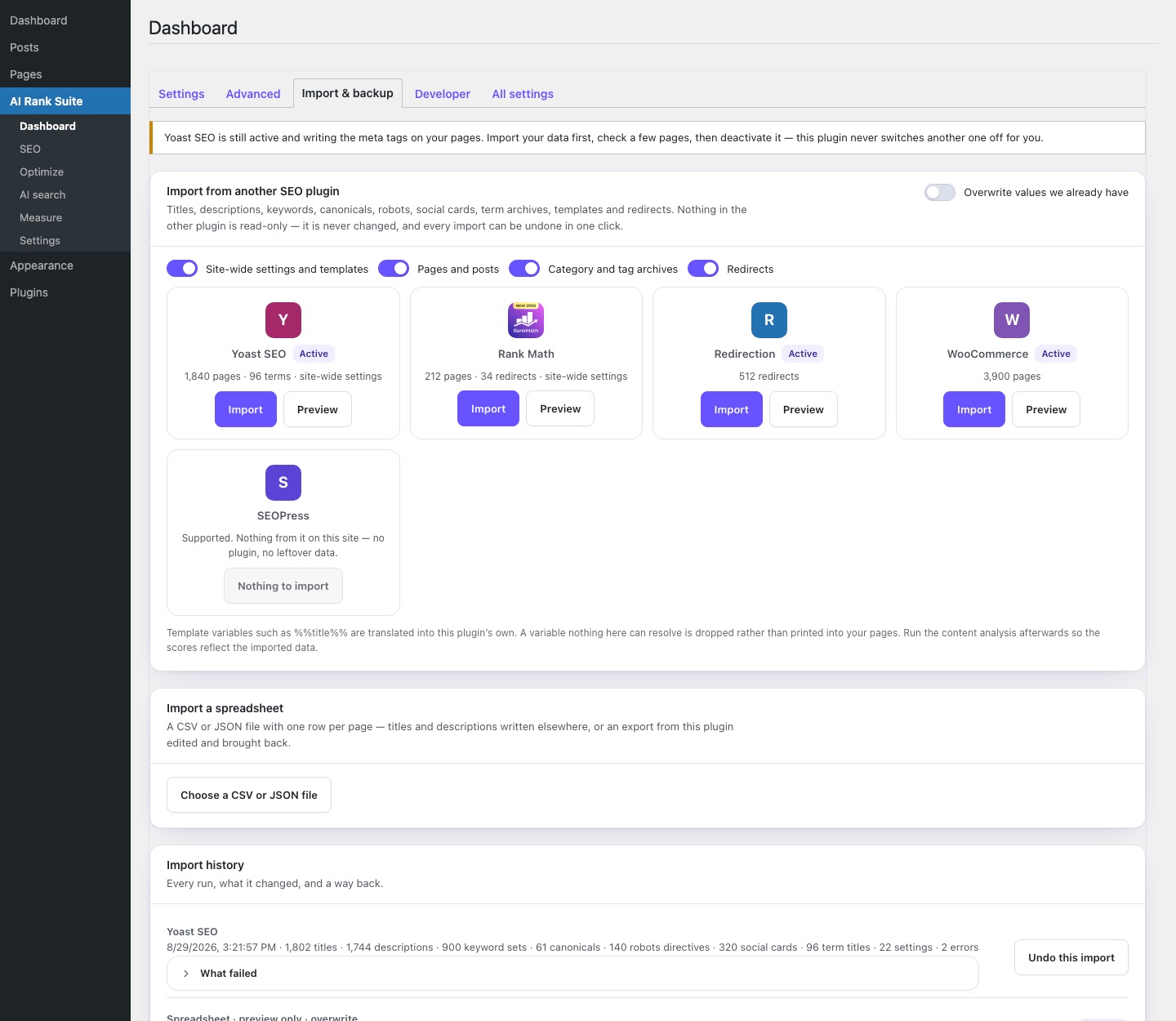 Runs beside Yoast and Rank Math — or replaces them
